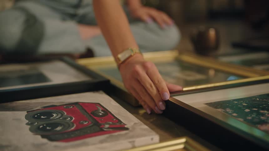 A woman is looking at paintings on the ground