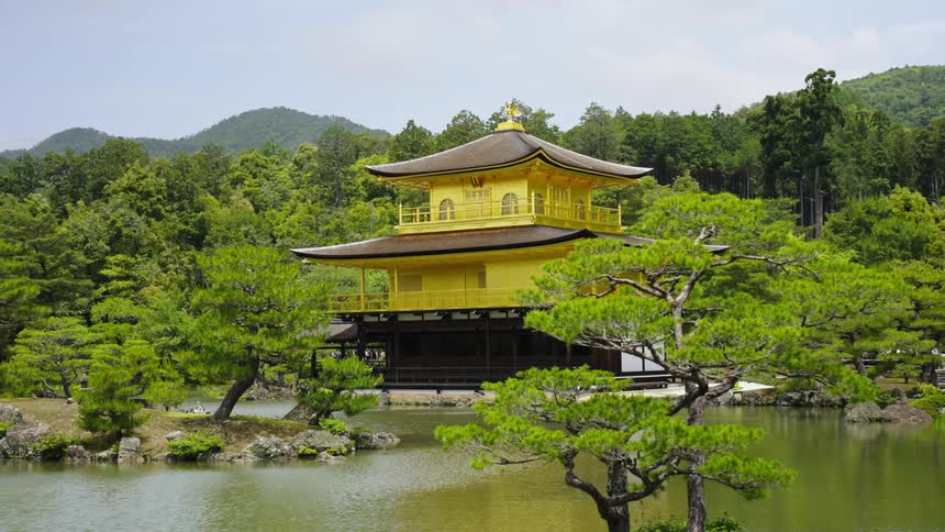 A beautiful Japanese temple stands out amidst the surrounding trees