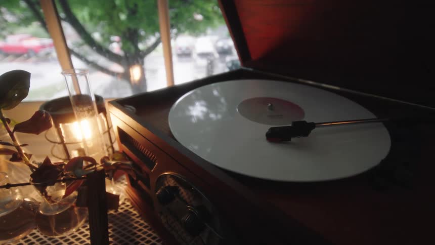 Plants grow in water and pots next to record player and near window showing the parking lot
