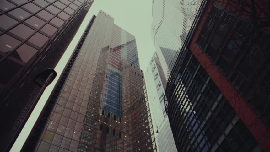 Skyscrapers line a city intersection