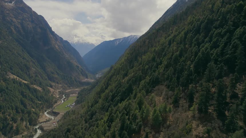 An aerial view of a river running through the valley in a forest