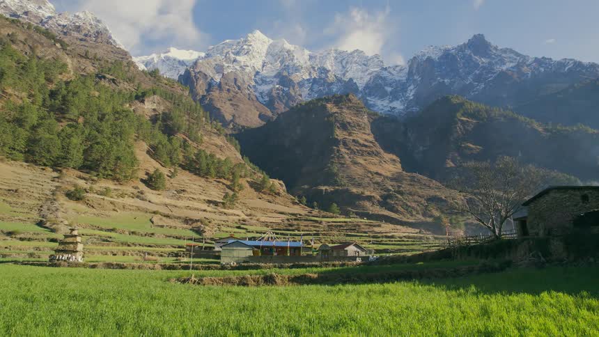 A rural area with houses at the base of mountains on grass covered land with birds flying over