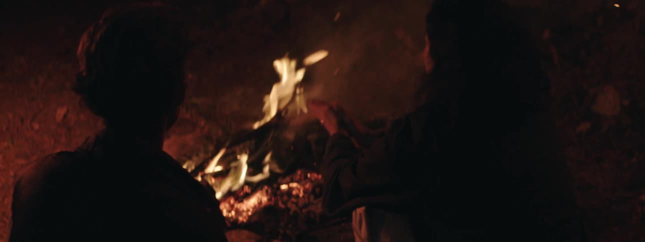 A woman sits next to a man in front of a burning fire outside and warms her hands over the fire and adjusts some firewood