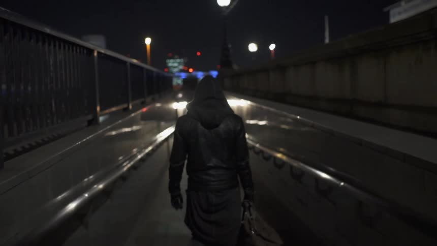 A man carrying a bag is walking down a ramp at night
