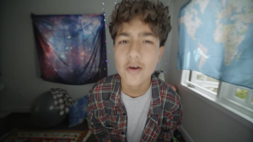 The boy sets up his camera in his room and starts filming himself showcasing his dance moves with enthusiasm and joy