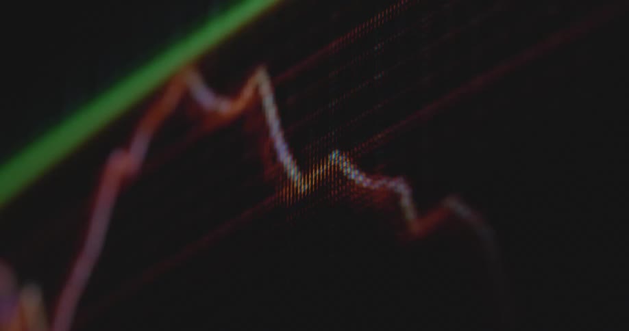 Digitized trading graph crashes and falls down as the stock market collapses with a negative downward tendency into the red digits providing opportunities for new stock brokers and investment strategies in the equities or crypto currency market