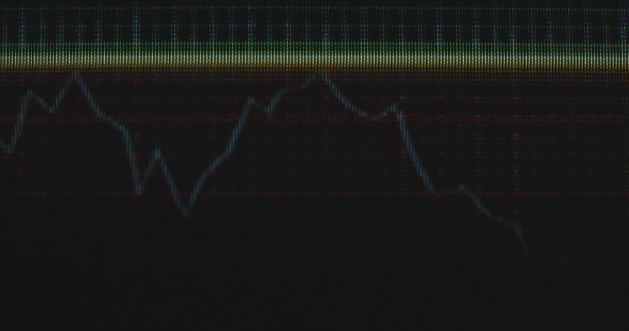 Static shot of a falling graph from an online trading application in a down trend during critical market cycle entering bear market after a crash and crisis on vintage screen with rgb pixels and glitches and retro digital look