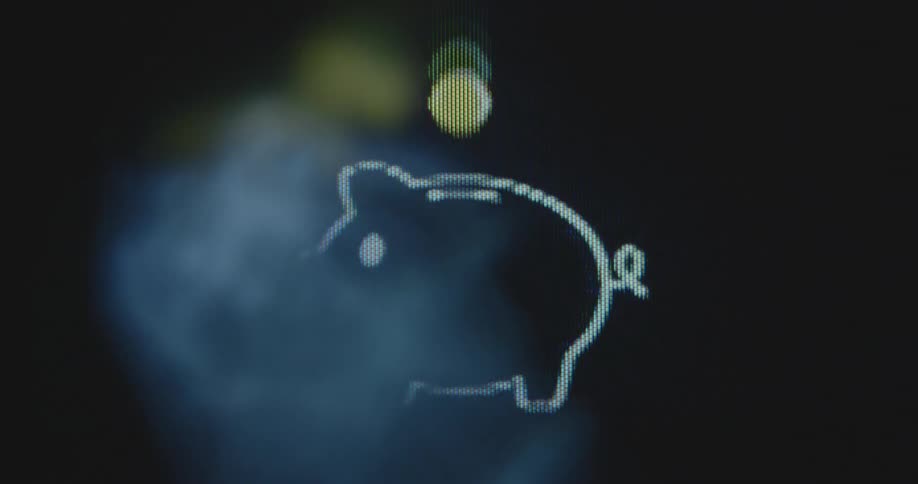 Golden coin without currency symbol falling into animated pixelated piggy bank icon is displayed on a smartphone screen providing digital possibilities to save money for financial security and a pension retirement plan