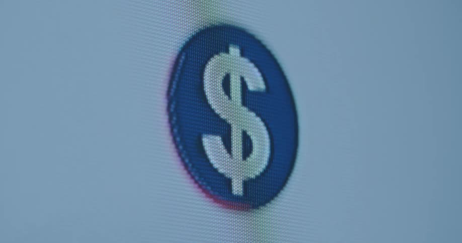 A modern and extreme macro closeup of an old computer screen that shows a dynamic image of a digital United States dollar logo in the colours of the American national flag that is moving and pulsating