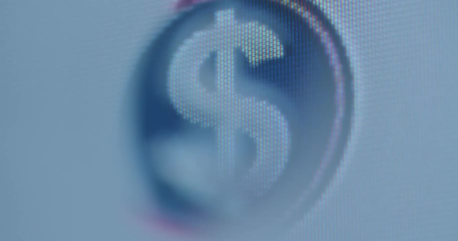 The animated US dollar sign in the Stars and Stripes colors pulsates in round circle flashes transforms and moves on the television display with rgb pixels representing the American economic area