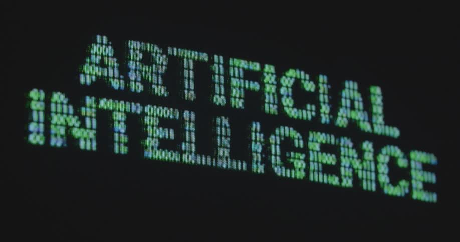 A glitching screen displays ones and zeros which spell out the word artificial intelligence symbolizing the new achievements of the information science and communication technology