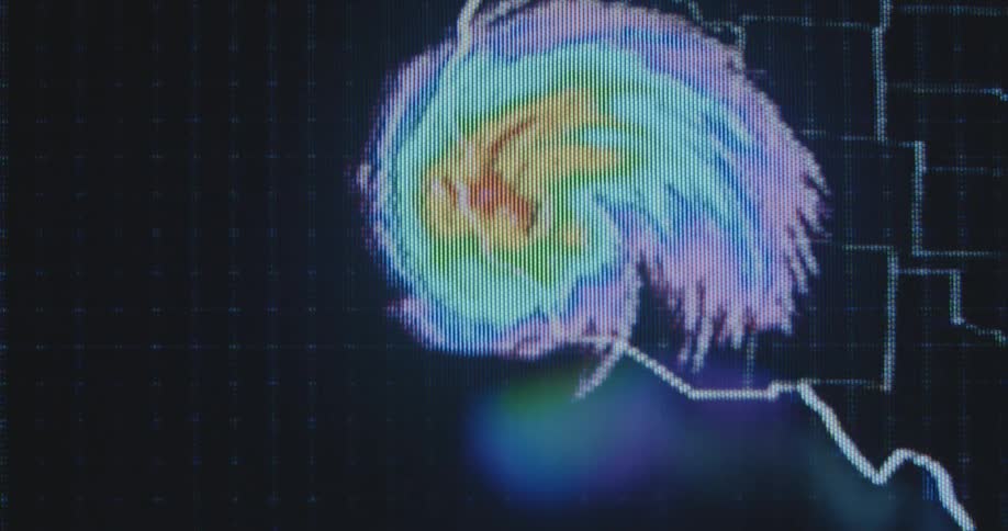 Weather radar shows a storm or hurricane on a map hitting the west coast of America detected by satellite imagery of a meteorological station resulting in thunderstorm warning and bad weather forecast