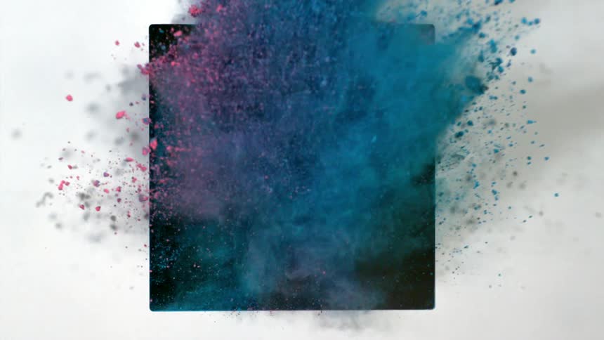 Blue and pink dirt fly through a black square