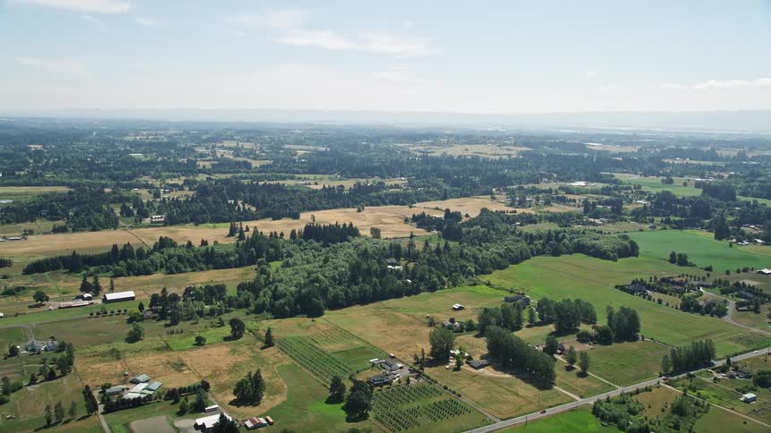 an aerial view of small farms and farm fields in Ridgefield Washington during a sunny day in summer