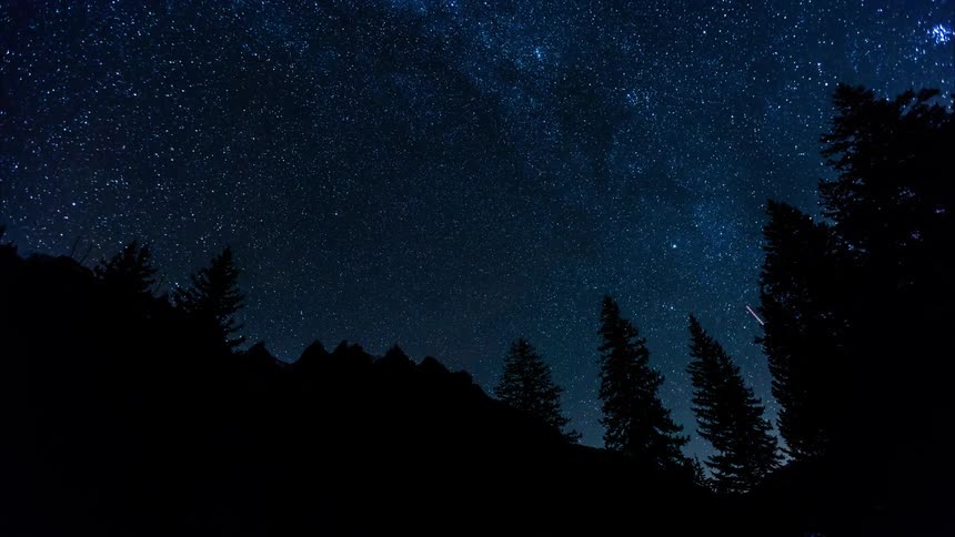 Shooting stars and lights cross a whirling night sky above a forest