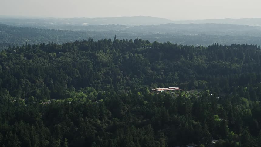 Aerial footage of tree-covered hills approaching Portland Children's Museum in Southwest Portland with sunshine and evergreen trees