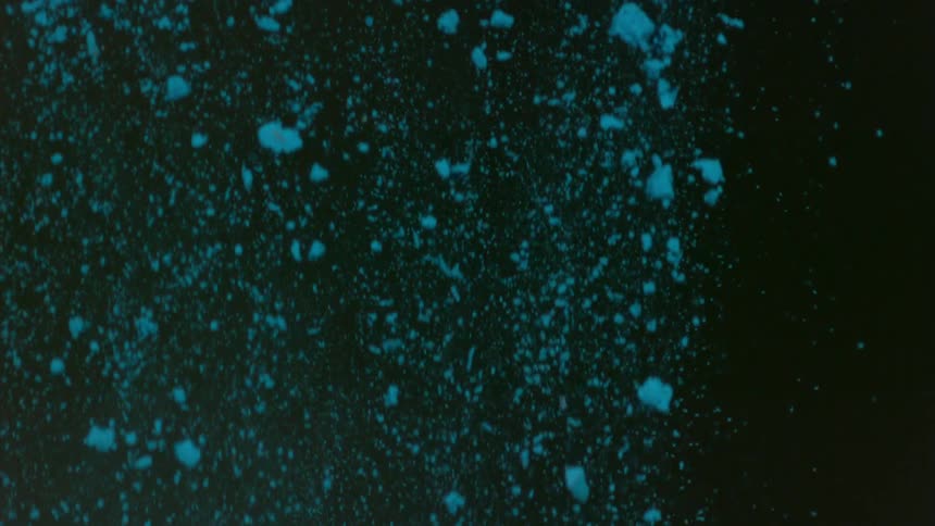 Blue powder falling in front of a dark background