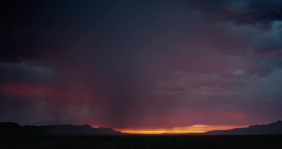 A lightning storm in a landscape with sunset on the horizon