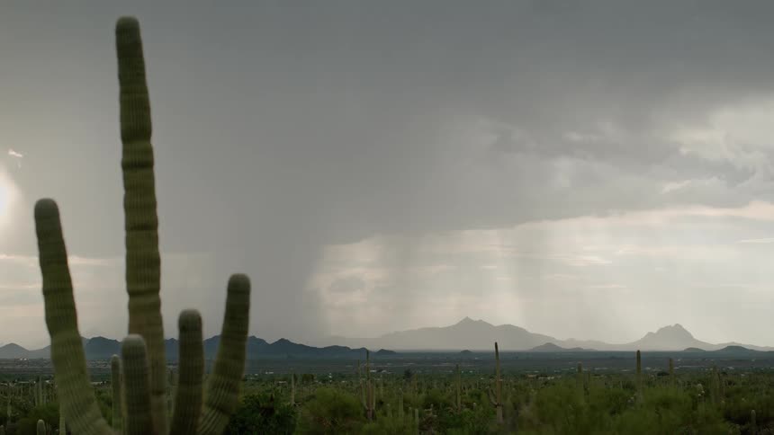 Rain and lightning falls from the storm clouds