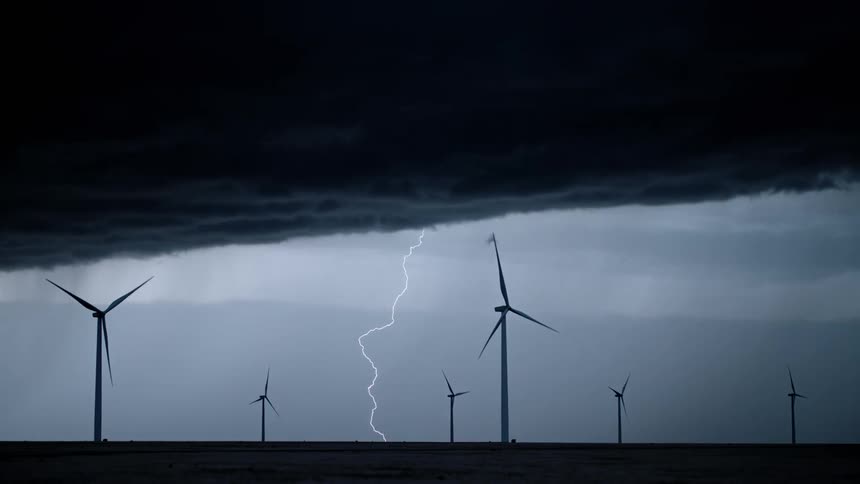 The windmills turn as lightning strikes from the storm clouds