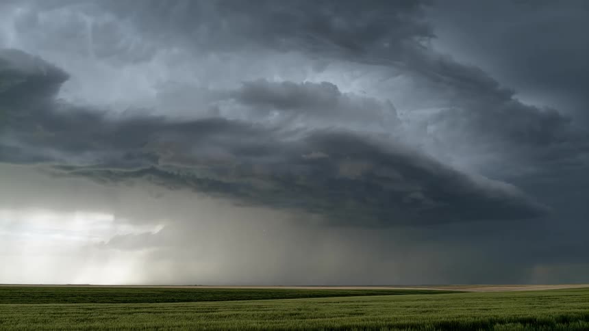 During the day a dark cloud envelops the sky over a grassy field while lightning strikes continuously