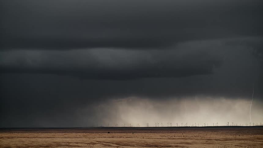 A dark cloudy sky lit up by lightning strikes during a storm striking along a line of windmills on the horizon