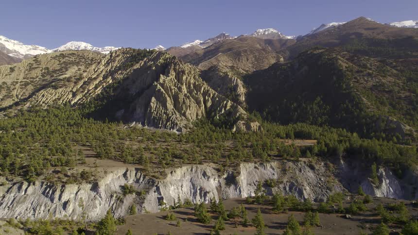 Aerial view of huge mountains with vegetation and snow