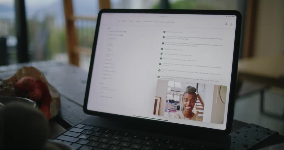 A laptop screen with a webpage open and a woman on video in the bottom corner while the laptop is set on a table