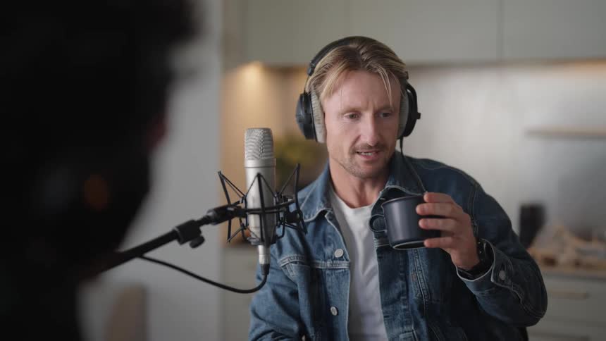 People wearing headphones and talking on a podcast