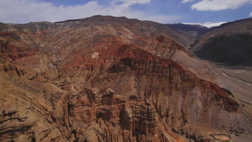 Aerial of mountains and brown desert landscape in day time