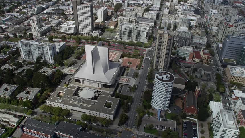 Approaching the impressive Cathedral of Saint Mary of the Assumption in Western Addition San Francisco California under partly cloudy skies during a beautiful summer day