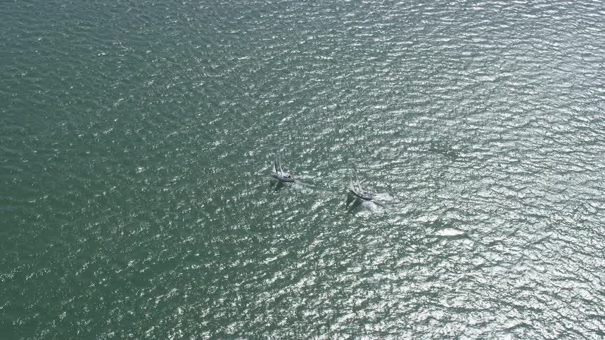 Aerial footage captures two sailboats crossing the sea waters on a sunny day in San Francisco Bay California