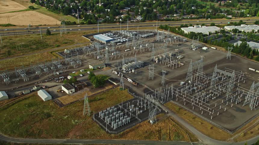 Aerial view of BPA Keeler Substation in Hillsboro Oregon showcasing the electric utility facility and its surroundings on a sunny day