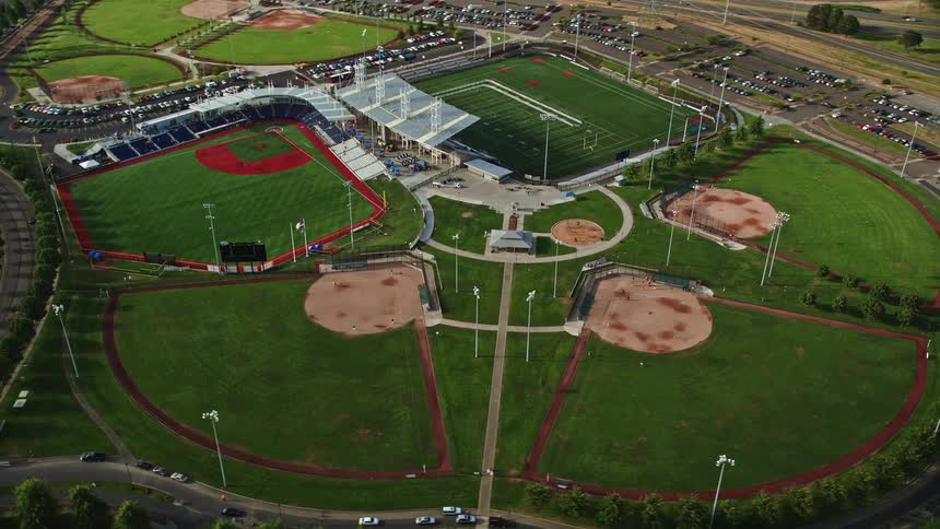Aerial view of the Gordon Faber Recreation Complex in Hillsboro Oregon showcasing multiple baseball pitches