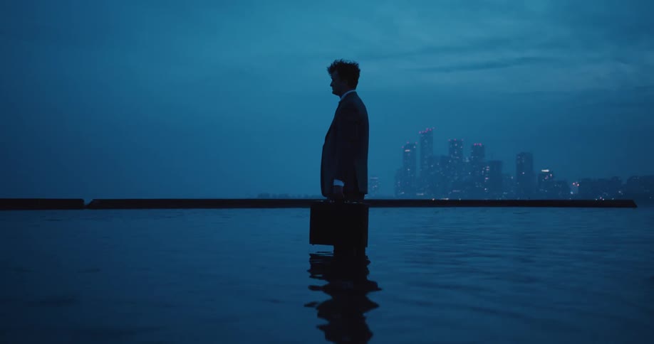 Man in a suit holding briefcase stands up to knees in water with skyline in the distance at blue hour low angle