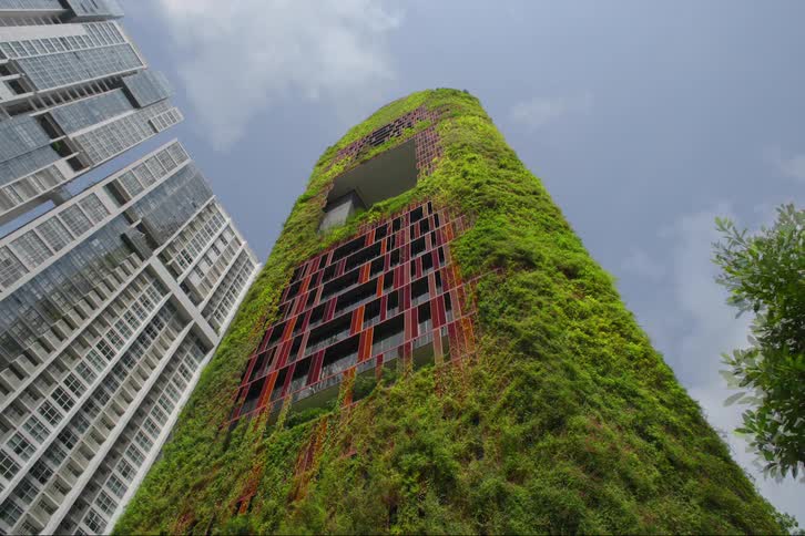 Greenery grows over a red skyscraper building