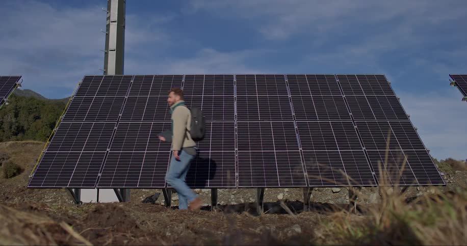 Man walking in a straight line beside an outdoor solar panel