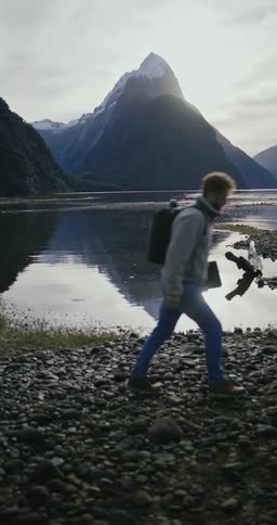 A man is walking outdoors near a lake with a mountain peak behind it