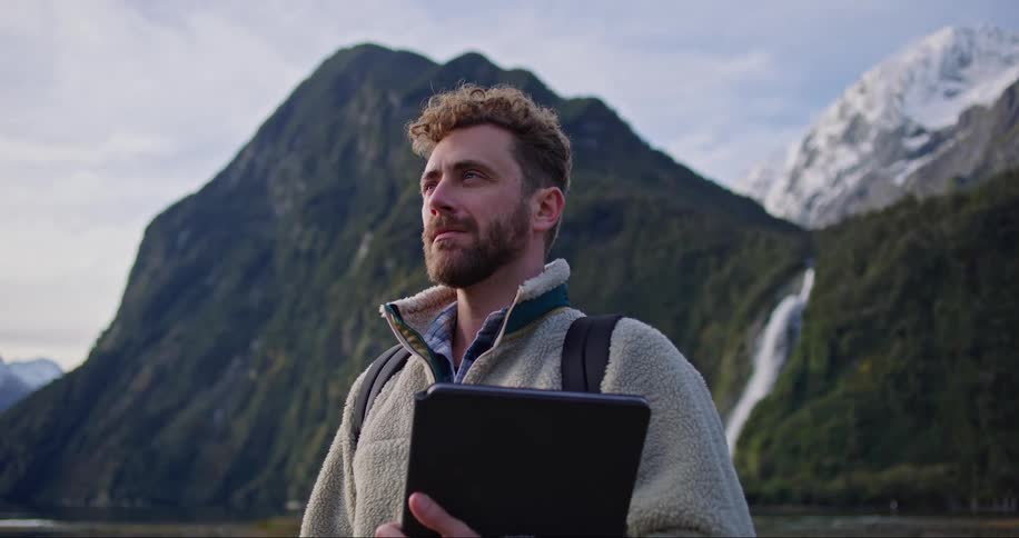 A man in a coat holding a laptop while looking pensively ahead in the middle of nature