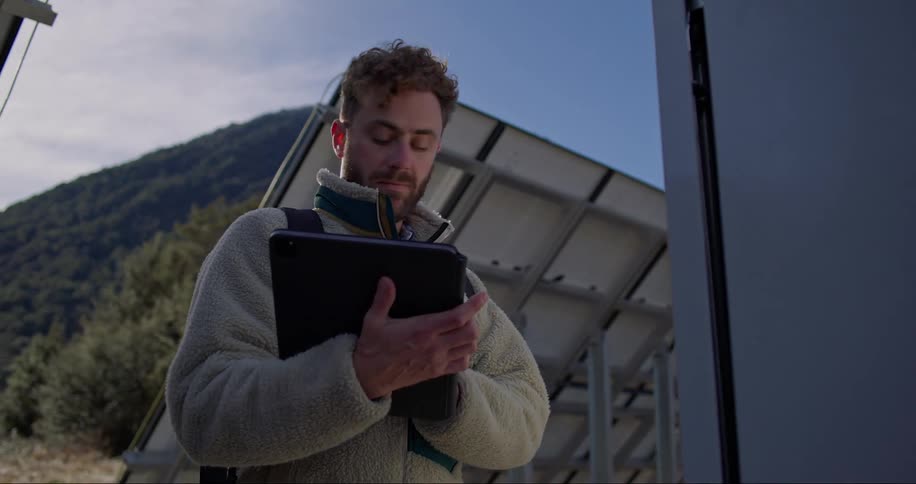 Man setting up solar panels with his tablet