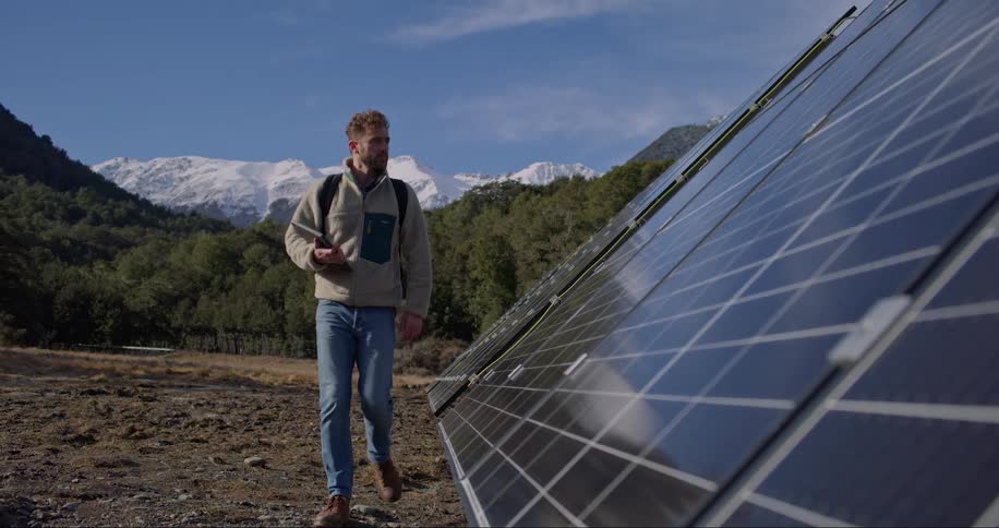 Man holding a portable notebook and checking the solar panels located in a natural area surrounded by vegetation and snowcapped mountains