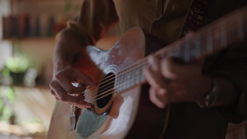 A man is playing the guitar