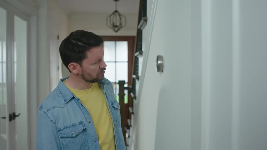 A man tapping a metallic object twice on a white wall