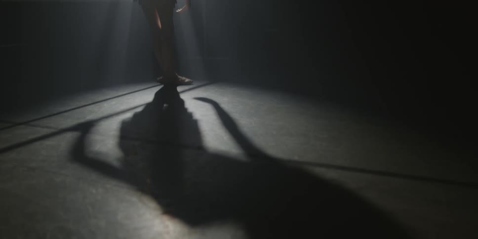 The silhouette of a teenage girl holding a handrail while doing ballet steps