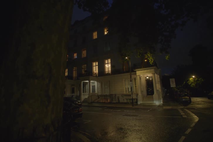 The lights are on in the homes on the corner
