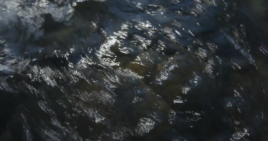 Closeup of flowing water in a river and reflections of sunlight on the water