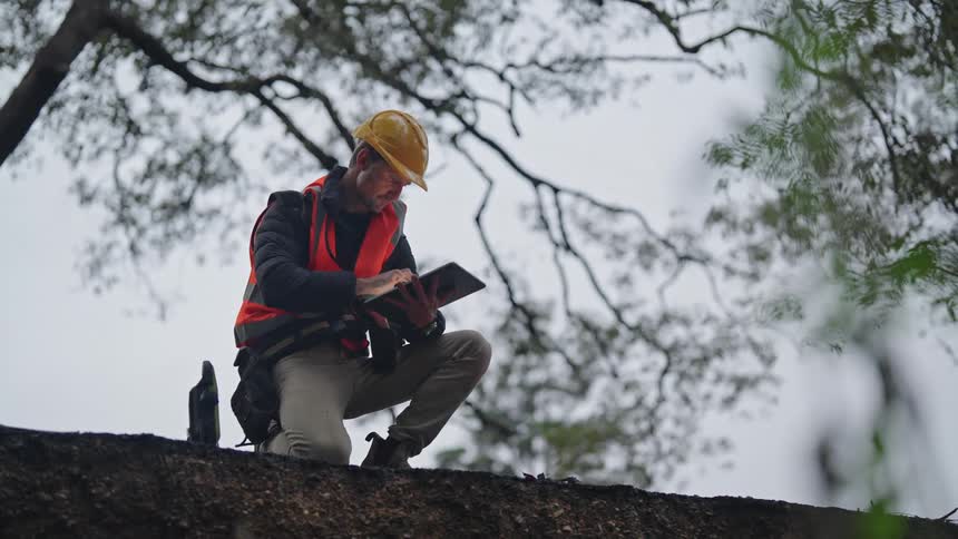 A crouched man in a forest wearing safety gear types on a tablet