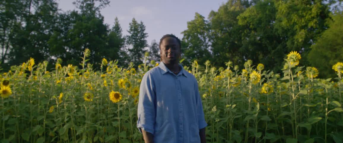 Young man in blue shirt stands in front of a sunflower field at morning