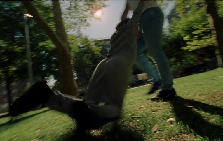 A man swings a child by the arms in a circle in a park on a sunny day