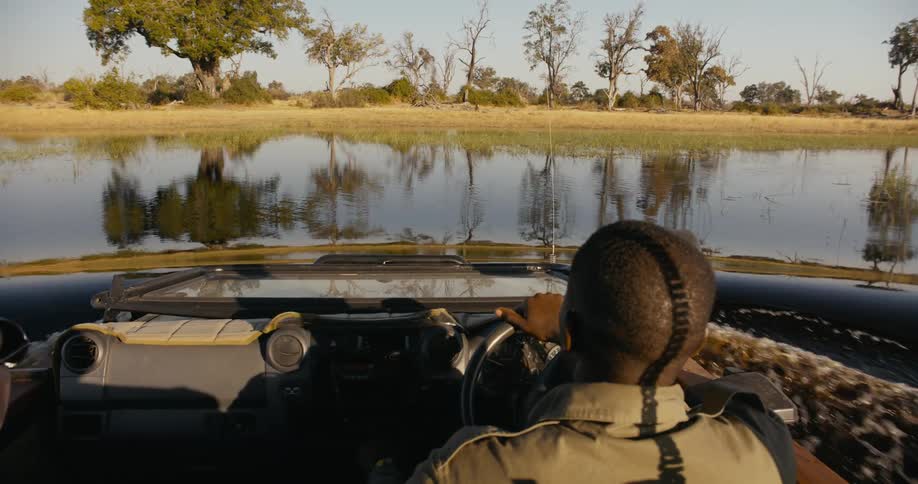 People driving in a swamp in the middle of the jungle
